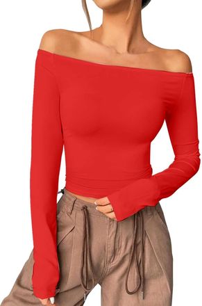 Generic 2025 Womens Off The Shoulder Tops Long Sleeve Basic T Shirts Going Out Cute Fall Fashion 2024 (Red, M)