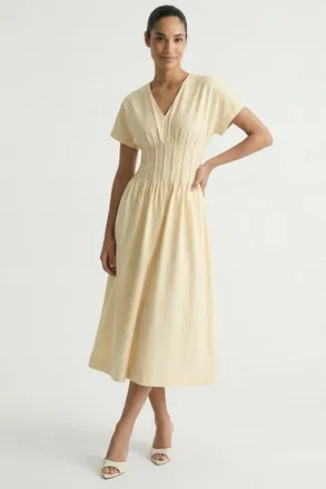 Exquise Amaud Short Sleeve V Neck Midi Dress in Cream at Nordstrom, Size X-Large