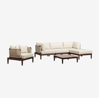 Sklum Conjunto De Jard&iacute;n Con Sof&aacute; Modular De 3 Piezas Con 2 Sillones Esquineros, Puff, Sill&oacute;n Y Mesa De Centro En Acacia Giulia Sklum