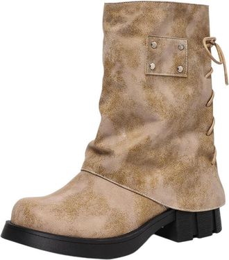 Generic Womens Vintage Ankle Boots Chunky Block Heels Distressed Leather Lace-Up Back Side Zipper Retro Fashion Boots Comfortable Daily Streetwear,Khaki,4.5 U
