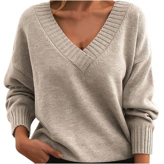 Generic Jumpers for Women UK Lightweight Knitted Tops V Neck Jumpers Long Sleeve Casual Knit Pullover Sweater Loose Knitted Shirts Elegant Knitted Sweater Loo