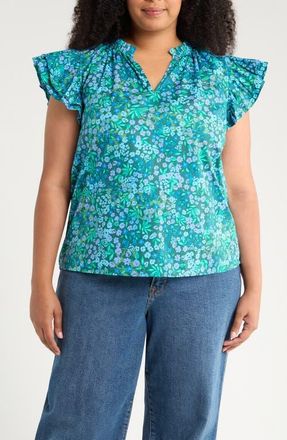 Sugarlips Midnight Floral Ruffle Top in Emerald Green/blue at Nordstrom, Size 1X