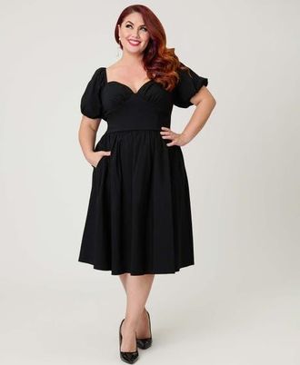 Unique Vintage Plus Size Sweetheart Puff Sleeve Swing Dress in Solid Black at Nordstrom, Size 5X