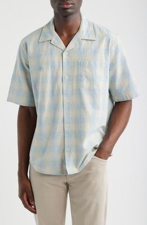 Corridor Plaid Short Sleeve Cotton & Linen Camp Shirt in Light Blue at Nordstrom, Size Xx-Large