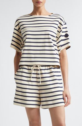 Moncler Nautical Stripe Ventilated Crop T-Shirt in White/Blue at Nordstrom, Size Xx-Large