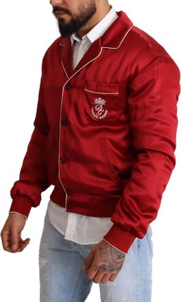 Dolce & Gabbana Mens Red Silk Button Dg Logo Bomber Jacket Clothing