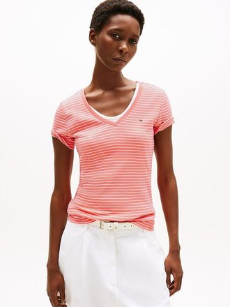 Tommy Hilfiger Womens Stripe V-Neck Favorite T-Shirt - Orange - XXS