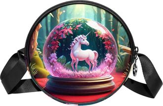 Generic Circle Crossbody Bag for Women, Unicorn Crystal Ball Small Sling Bag Daypack with Zipper Adjustable Shoulder Straps Casual Ladies Girls Round Purse