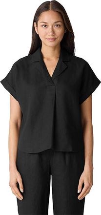 Eileen Fisher Notch Collar Top Womens Clothing Black : SM, Linen