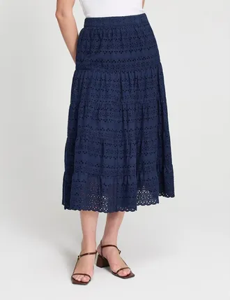Finery Siobhan Broderie Tiered Midi Skirt in Navy at Nordstrom, Size 14