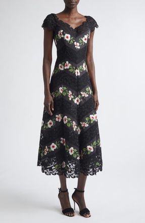 Oscar De La Renta Chin&eacute; Hibiscus Stripe Faille Midi Dress in Black at Nordstrom, Size 10