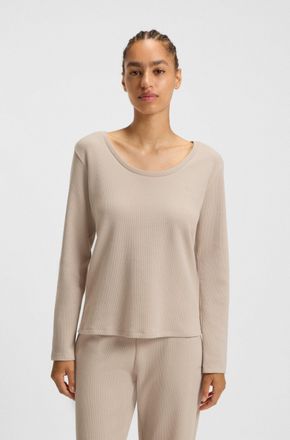 HUGO BOSS Langarmshirt BOSS Waffle, Damen, Gr. XXL, light beige, Jersey, Obermaterial: 60% Baumwolle, 40% Polyester, Basic normal, tiefer Rundhals, Shirts Langa
