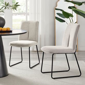 Furniturebox Set of 2 Modern Chic Deep Padded Soft & Durable Stitched Fabric & Black Powder Coated Metal Leg Dining Chairs in Taupe