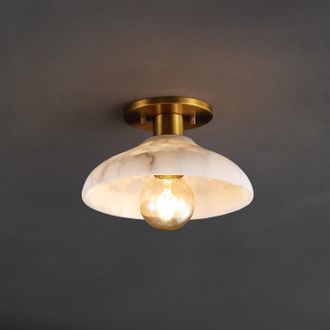 Jonathan Y Designs Amara 10 1-Light Mid-Century Classic Alabaster/Iron LED Semi Flush Mount, White/Brass Gold