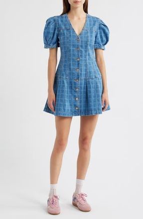 Damson Madder Adeline Grid Puff Sleeve Denim Minidress in Blue at Nordstrom Rack, Size 16 Us / 20 Uk