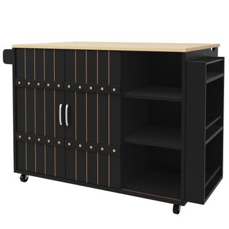 STILVORA Carro De Cocina Con 3 Cajones, 2 Puertas Correderas, Estantes Ajustables, Toallero Y Ruedas, En Mdf, Negro, 110 X 42 X 90 Cm
