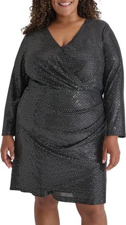 DKNY Long Sleeve Surplice Dress in Black/Silver at Nordstrom Rack, Size 14W