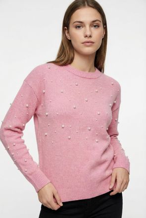 Only Rundhalspullover ONLY ONLEMBLA LS O-NECK PEARL EX KNT, Damen, Gr. XL, geranium pink detail:melange, Strick, Obermaterial: 67% Polyacryl, 33% Polyester