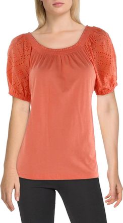 Jones New York Top Women P Coral Sun Cotton Smocked Puff Sleeve Blouse FTS1110