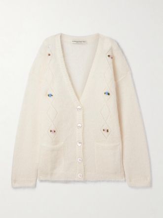 Alessandra Rich Cardigan In Misto Mohair Pointelle Con Ricami - Bianco