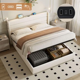 Matteo Upholstered Bed with Charging Station in Beige | Size: Double