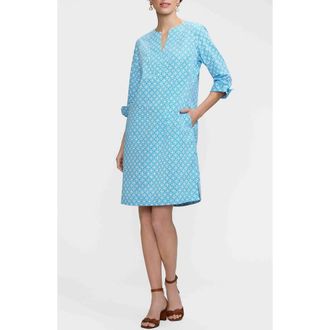 Foxcroft Vena Geo Lattice Print Cotton Shift Dress in Blue/White at Nordstrom, Size X-Large