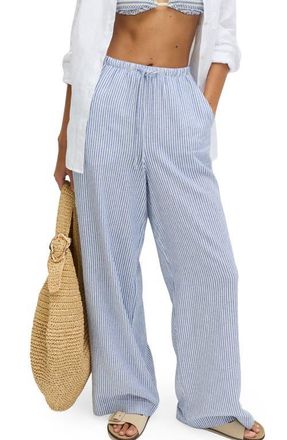 M&S Collection Stripe Wide Leg Linen Blend Drawstring Pants in Blue/Multi at Nordstrom, Size 16
