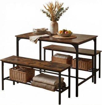 Furniture R FurnitureR 110cm Dining Table with 2 Benches Sets, Set of 3, Steel Frame and Wood, Ruatic Brown Industrial Style, for 4 People Kitchen, Restaurant