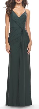 La Femme Soft Jersey Dress with Knot Waist and Lace Up Back in Dark Emerald at Nordstrom, Size 00