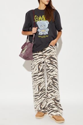 Ganni T-shirt With A Colorful Print, Womens, Grey