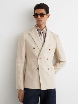 Reiss Oatmeal Brown Carson Flannel Double-breasted Blazer Tailored-fit, 42