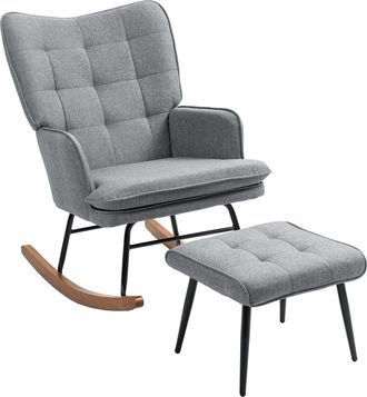 HOMCOM Rocking Chair With Footstool Fabric Wingback Chair For Bedroom Grey | TJ Hughes