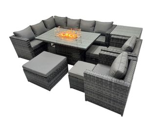 Fimous Rattan Garden Furniture Dining Set 11-seater with 3 Stool Side Table in Dark Grey