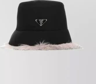 Prada nylon brimmed hat with eco fur and feather trim
