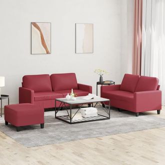 vidaXL Vidaxl - Juego De Sof&aacute;s Con Cojines 3 Piezas Cuero Sint&eacute;tico Rojo Tinto