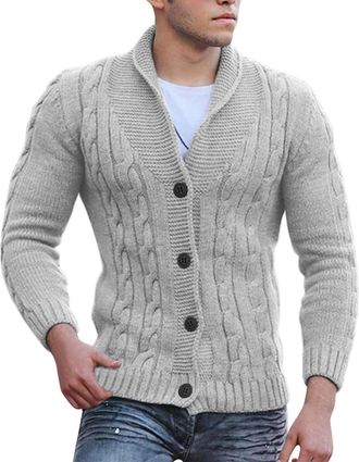 Generic Mens Knitted Cardigan Thick Sweater V Neck Button Down Cotton Knitwear Slim Fit Cable Knit Button Up Cotton Sweater with Pockets Knitwear Outerwear