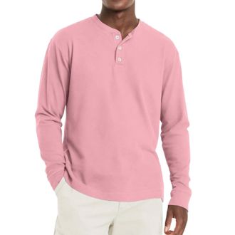 Generic Polo Shirts for Men Adult, Henley Shirts Long Sleeve Contrast Stripes Button Up Neck Pullover Grandad Shirt Casual Tops (M, Pink)