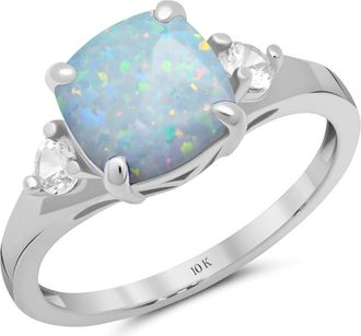 MAX + STONE 10k Yellow or White Gold Cushion Cut Gemstone Three Stone Ring