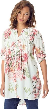 Roaman's Pintuck Tunic Blouse Y Neck & Roll Tab Sleeves in White Romantic Rose at Nordstrom, Size 42