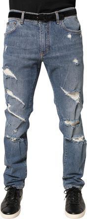 Dolce & Gabbana Mens Blue Tattered Slim Fit Cotton Denim Jeans Elastane Clothing