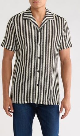 T.R. Premium Textured Stripe Knit Short Sleeve Button-Up Shirt in Black at Nordstrom Rack, Size Xx-Large