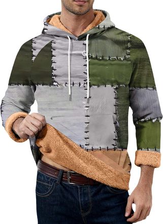 Generic Sweatshirt for Men UK- Patterned Hoodies Fleece Fuzzy Sherpa Lined Pullover Stand Collar with Elbow Patch Casual Sweater Fall Winter Thermal Sport Vin