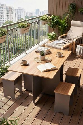 Living and Home Drop Leaf Dining Table Set with 4 Stools in Grey
