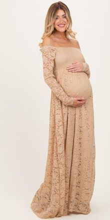 Pinkblush Floral Lace Long Sleeve Off Shoulder Maxi Dress in Gold at Nordstrom, Size Medium