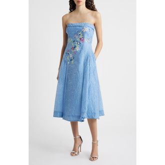 Tahari by ASL Rhinestone Floral Embroidery Strapless Floral Jacquard Cocktail Dress in Riverside Blue at Nordstrom, Size 16