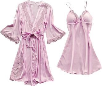 Generic Womens Pyjama Set 2 Piece Ladies Satin Silk Pyjamas Dressing Gown Floral Lace Trim Nightgown Slip Dress Kimono Robes Sexy Lightweight Nightdress V-Nec