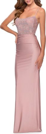 La Femme Jersey Prom Dress with Lace Bodice and Rhinestones in Mauve at Nordstrom, Size 00
