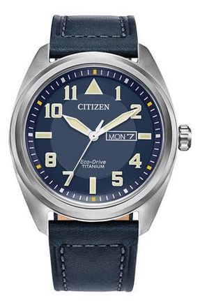 Citizen Titanium Leather Strap Watch, 42mm in Blue at Nordstrom Rack