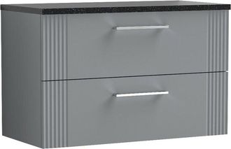 Nuie Nuie - Deco Satin Grey 800mm Wall Hung 2 Drawer Vanity Unit with Black Sparkle Worktop - DPF295LSB
