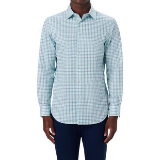 Bugatchi OoohCotton Check Button-Up Shirt in Turquoise at Nordstrom, Size Small